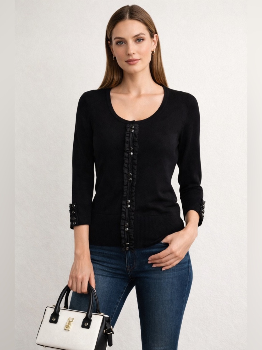 WHITE HOUSE BLACK MARKET Black Ruffle Cardigan Sweater Size Small Women’s